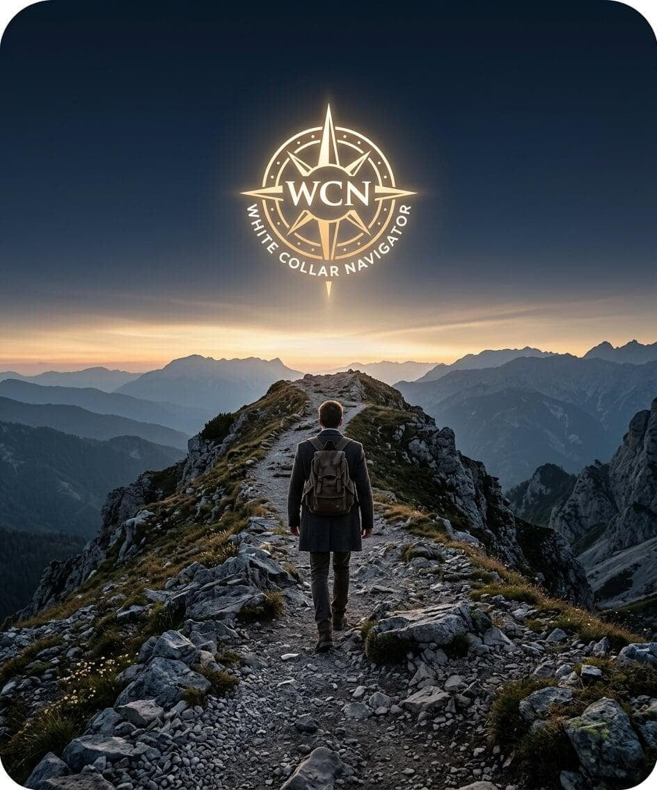 Person walking up a rocky mountain trail toward a peak with a WCN logo compass in the sky
